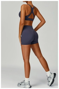 Détails du short de yoga bleu marine à taille haute et du soutien-gorge de sport dos nageur