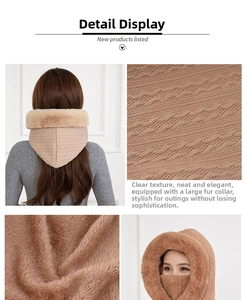 Detailweergave van gebreide damesmuts met imitatiebont en geïntegreerd gezichtsmasker
