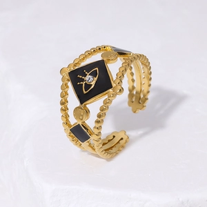 18K gold plated stainless steel open ring with black enamel evil eye and crystal