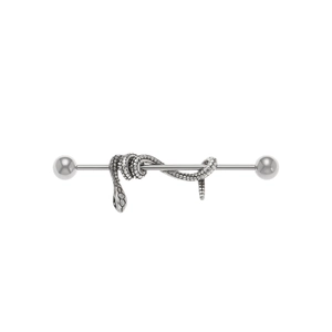 Detailed view of silver snake industrial barbell with scales on stainless steel bar