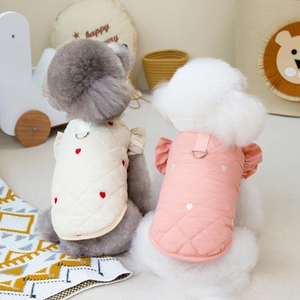 Pet Quilted Vest Heart Embroidery Fleece Lined Dog Jacket Flutter Sleeves D Ring Winter Clothes For Cats