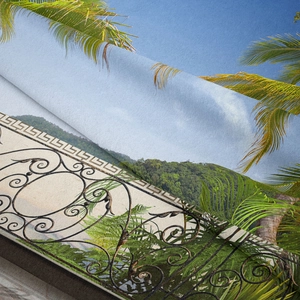Close-up of landscape tapestry showing high-quality print detail and edge stitching
