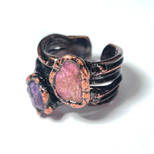 Vintage handmade bronze open ring with raw purple amethyst stones and bohemian design