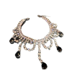 Elegant multi-layered rhinestone necklace with five black teardrop crystal pendants