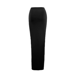Detail view of the elegant slim fit black maxi skirt with high waist and high side slit