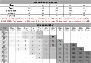 Detailed European size chart for men's waffle knit sweater showing S to XXL measurements