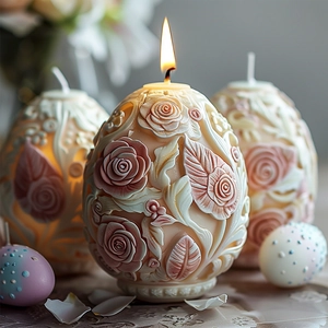 Rilievo dettagliato di motivi di rose su candele a forma di uovo con luce calda