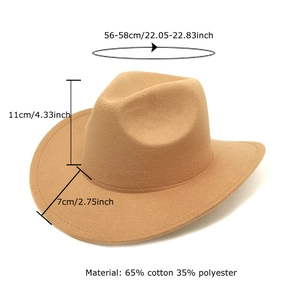 Khaki wool felt cowboy hat with size chart showing dimensions for brim and crown height