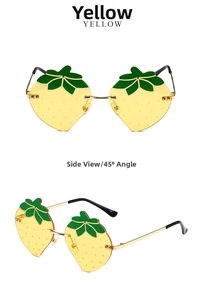 Front and 45-degree side views of unique strawberry shaped sunglasses with yellow lenses