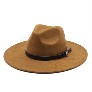 Classic warm brown wide brim suede fedora hat with elegant leather band and floral buckle