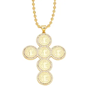 Gold Saint Benedict cross necklace with colorful cubic zirconia in Hip Hop style
