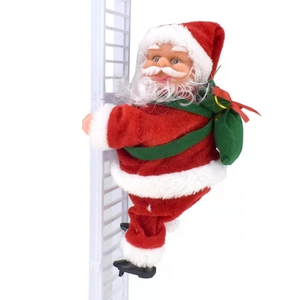 Electric climbing Santa Claus with green gift bag on a white ladder Christmas decoration