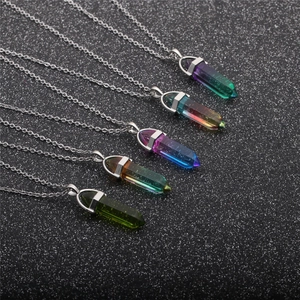 Five hexagonal crystal pillar necklaces in gradient colors with silver metal chains