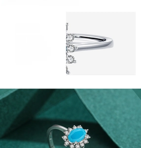 Detailed macro view of S925 sterling silver ring with oval turquoise and white zircons