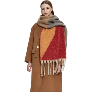 Chunky knit multi-color scarf with tassels featuring mohair style jacquard pattern