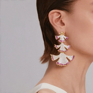 Luxury fan-shaped tiered drop earrings with white crystals and pink accents for women