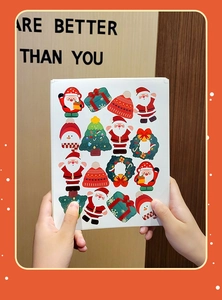 Detailed close-up of cartoon Christmas stickers featuring Santa and festive trees
