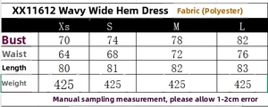 Detailed size chart for the wavy hem wide swing dress showing measurements from XS to L