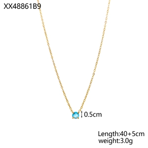 Detail view of sky blue gem necklace with 40+5cm gold chain length and size specs