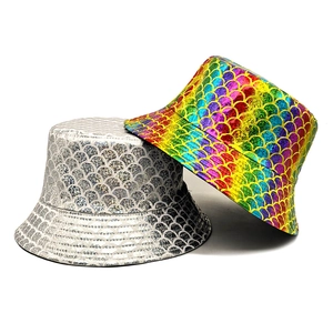 Metallic Fish Scale Bucket Hat Shiny Rainbow Gradient Laser Sun Protection Breathable Outdoor Retro Sun Hat For Women Men
