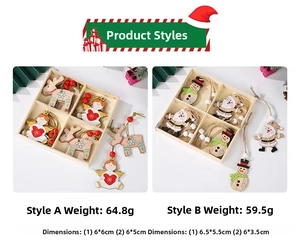 Close-up of wooden Christmas angel and reindeer ornaments in a four-grid storage box