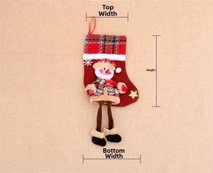 Detail of Christmas stocking with snowman decor and size labels for width and height