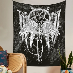 Gothic skull angel and pentagram tapestry for bedroom wall decor in black and white