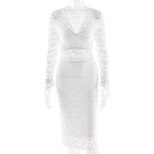 Elegante vestido midi de encaje blanco con manga larga y cuello en V de corte ajustado