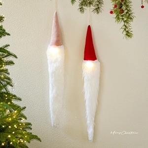 Lighted Christmas gnome ornaments with long white beards and LED warm glowing lights