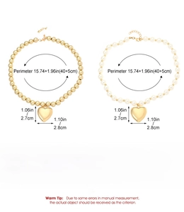 Détail des dimensions du collier cœur perle avec longueur 40+5cm et matériau CCB durable