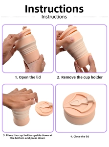 Step-by-step instructions for folding pink silicone coffee cup for easy travel storage