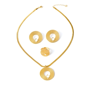 Golden jewelry set with circle pendant necklace, square zircon earrings and ring