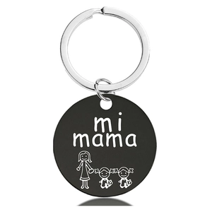 Detail of black metal keychain with mi mama engraving and mother-child figure