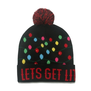 Black knit beanie with LED lights and Lets Get Lit text for Christmas parties