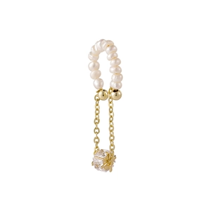 Elegant gold tassel clip-on earrings with freshwater pearls and square zircon pendants