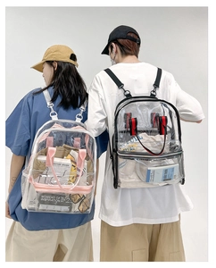 Dual view of transparent PVC backpacks with pink and black trim shown on models