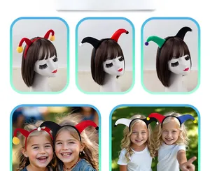 Macro details of colorful plush clown headbands for Halloween party costumes