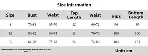 Detailed size chart for women's two-piece set showing bust and waist measurements