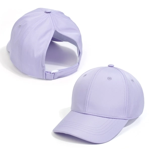 Detail view of light purple ponytail baseball caps with high-gloss silk texture