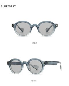 Detailed front and side views of vintage blue-gray translucent round frame sunglasses