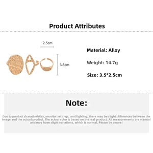 Three-piece gold alloy ring set featuring oval hammered texture and geometric designs