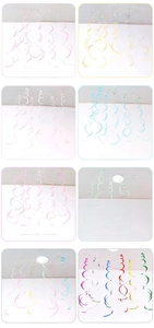 Macro display of assorted PVC party spiral swirls in macaron and metallic finishes