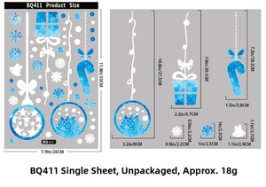 Size chart showing dimensions for BQ411 Christmas window stickers including baubles and gifts