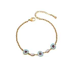 Golden stainless steel bracelet with evil eye enamel charms and sparkling crystals
