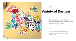 Vista detallada de 50 pegatinas de vinilo impermeables con lindos dibujos animados