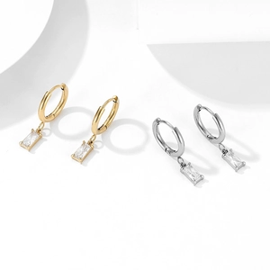 Retro gold and silver hoop earrings with rectangular zircon pendants in minimalist style