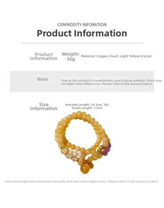 Detail showing dimensions of a yellow crystal pearl multi-layer bracelet with 53.2cm length