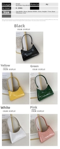 Detailed size specifications and color options for the croc-embossed underarm handbag