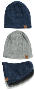 Close-up of knit texture and brown leather patch on winter beanies in blue, grey, and black