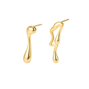 Asymmetric S925 sterling silver earrings with irregular liquid gold lava design